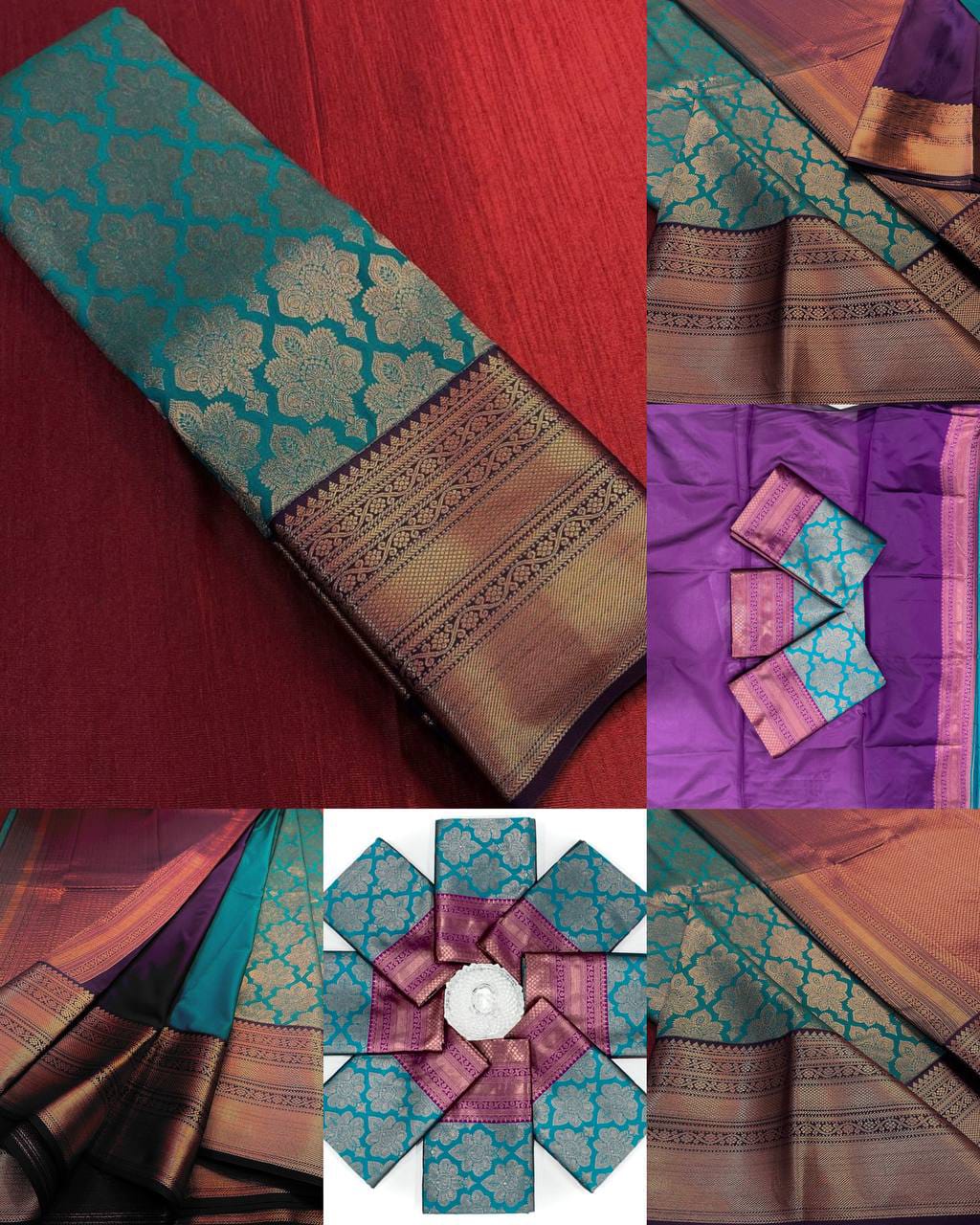 Teal Blue Soft Lichi Silk Saree with Purple Contrast Rich Pallu & Zari Jacquard Work