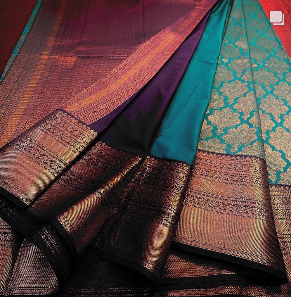 Teal Blue Soft Lichi Silk Saree with Purple Contrast Rich Pallu & Zari Jacquard Work