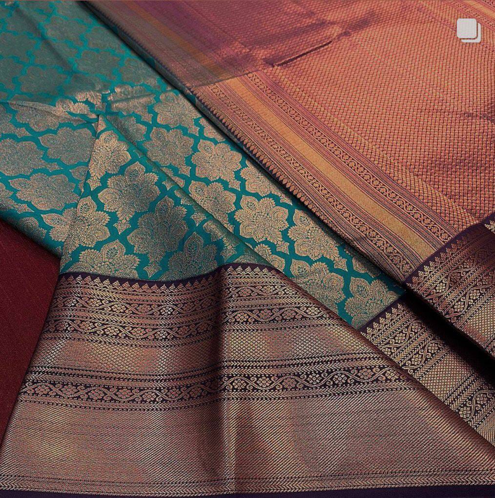 Teal Blue Soft Lichi Silk Saree with Purple Contrast Rich Pallu & Zari Jacquard Work
