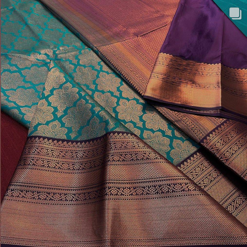Teal Blue Soft Lichi Silk Saree with Purple Contrast Rich Pallu & Zari Jacquard Work