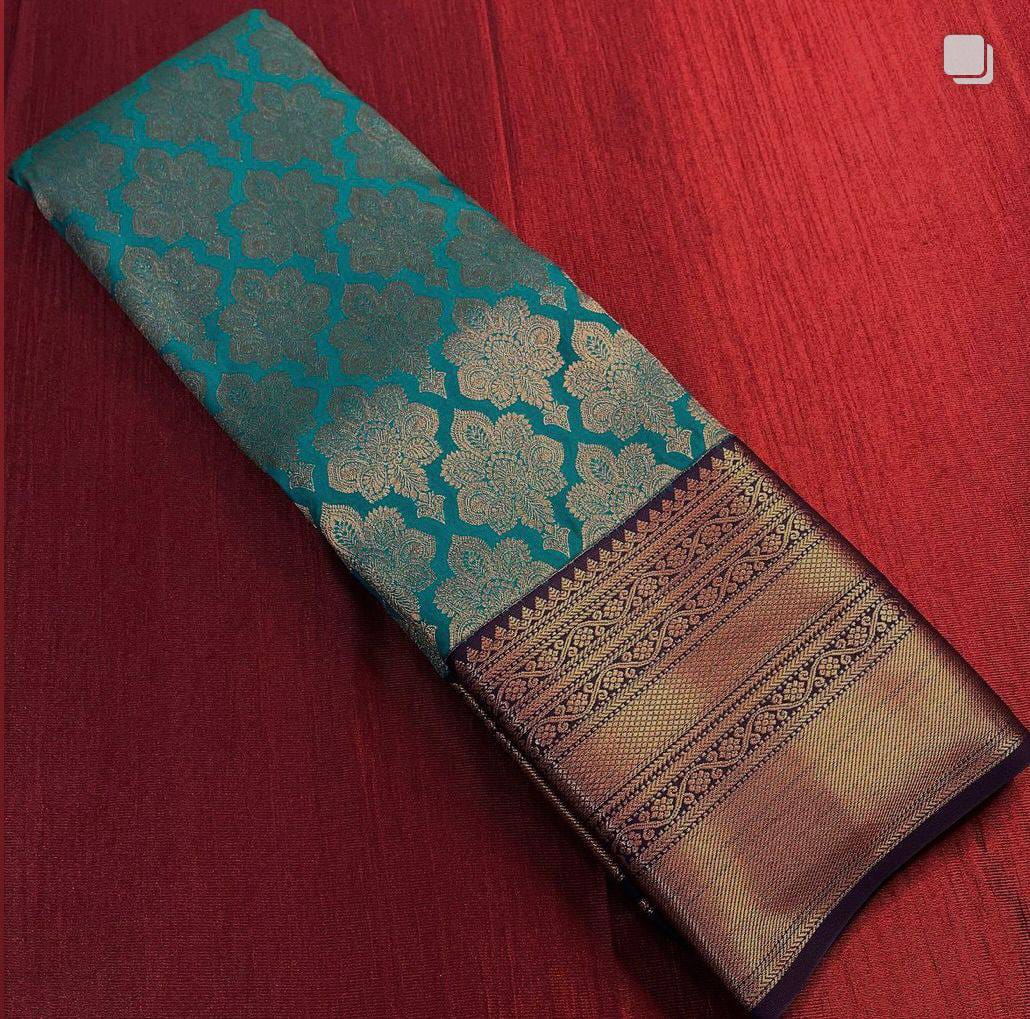 Teal Blue Soft Lichi Silk Saree with Purple Contrast Rich Pallu & Zari Jacquard Work