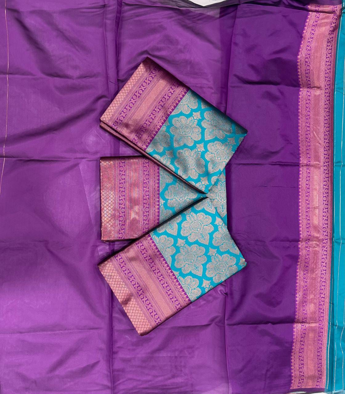 Teal Blue Soft Lichi Silk Saree with Purple Contrast Rich Pallu & Zari Jacquard Work