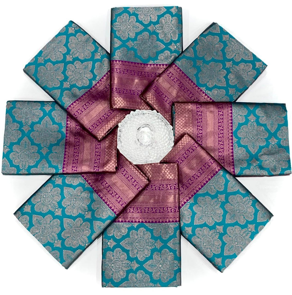 Teal Blue Soft Lichi Silk Saree with Purple Contrast Rich Pallu & Zari Jacquard Work