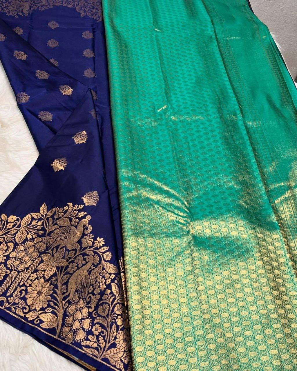 Royal Navy Blue Soft Lichi Silk Saree with Peacock Floral Zari Border & Rich Pallu