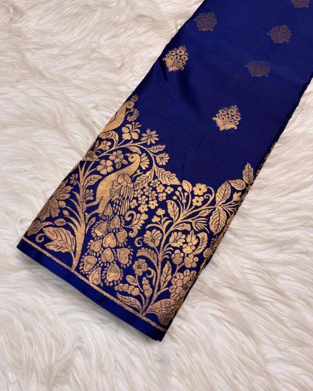 Royal Navy Blue Soft Lichi Silk Saree with Peacock Floral Zari Border & Rich Pallu