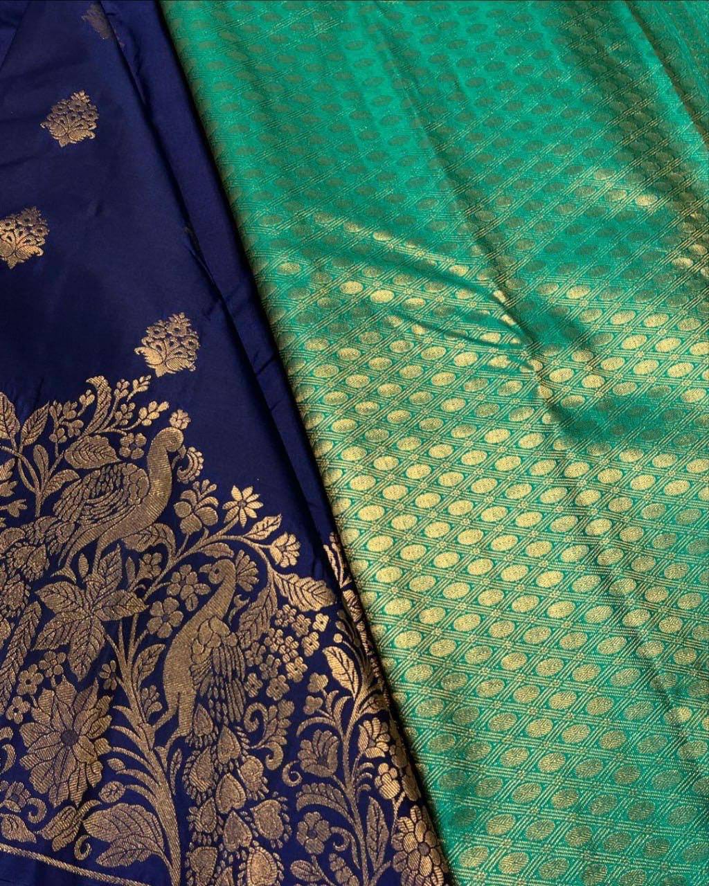 Royal Navy Blue Soft Lichi Silk Saree with Peacock Floral Zari Border & Rich Pallu