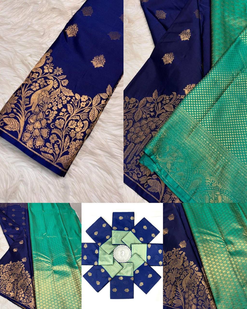 Royal Navy Blue Soft Lichi Silk Saree with Peacock Floral Zari Border & Rich Pallu