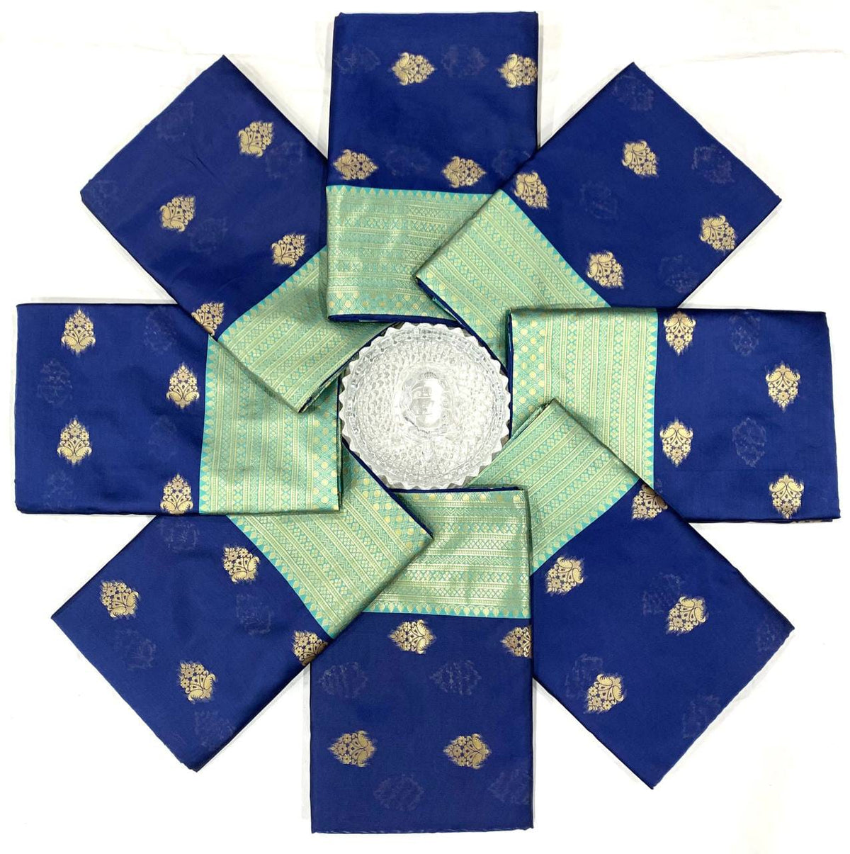 Royal Navy Blue Soft Lichi Silk Saree with Peacock Floral Zari Border & Rich Pallu