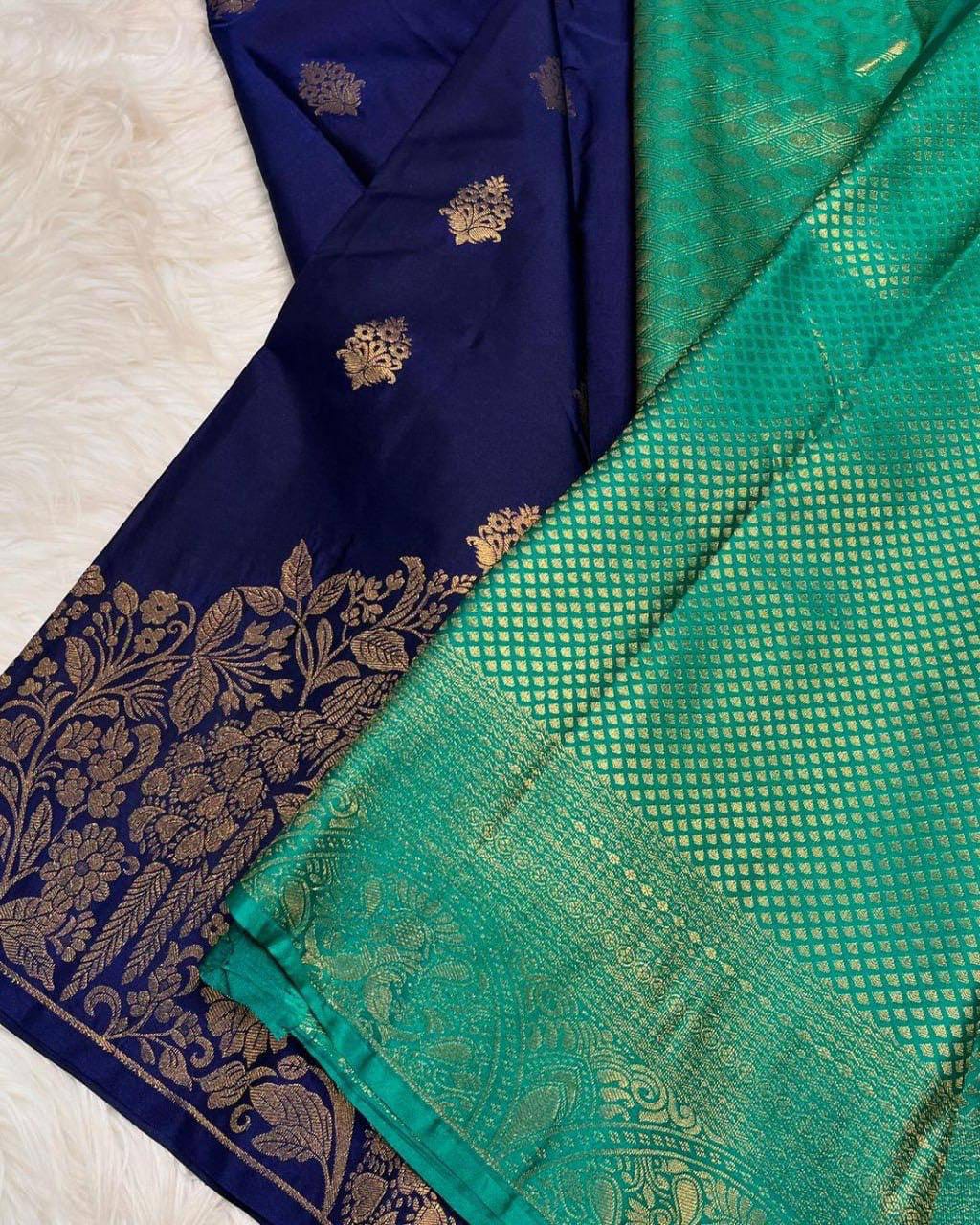 Royal Navy Blue Soft Lichi Silk Saree with Peacock Floral Zari Border & Rich Pallu