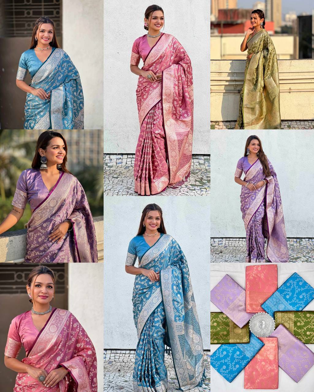Pastel Floral Soft Lichi Silk Saree with Rich Woven Pallu & Silver Zari Border