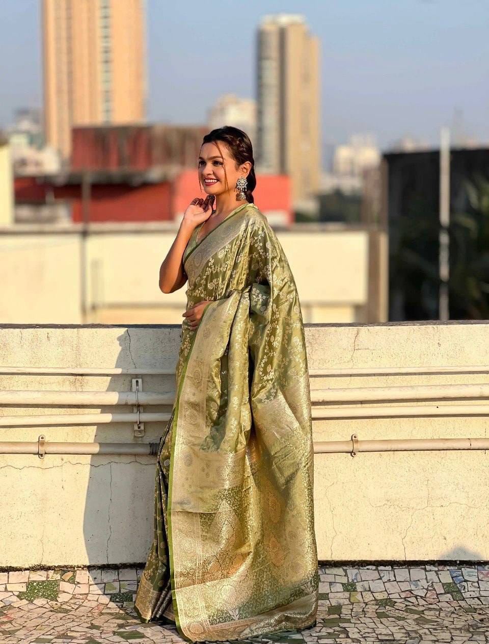 Pastel Floral Soft Lichi Silk Saree with Rich Woven Pallu & Silver Zari Border