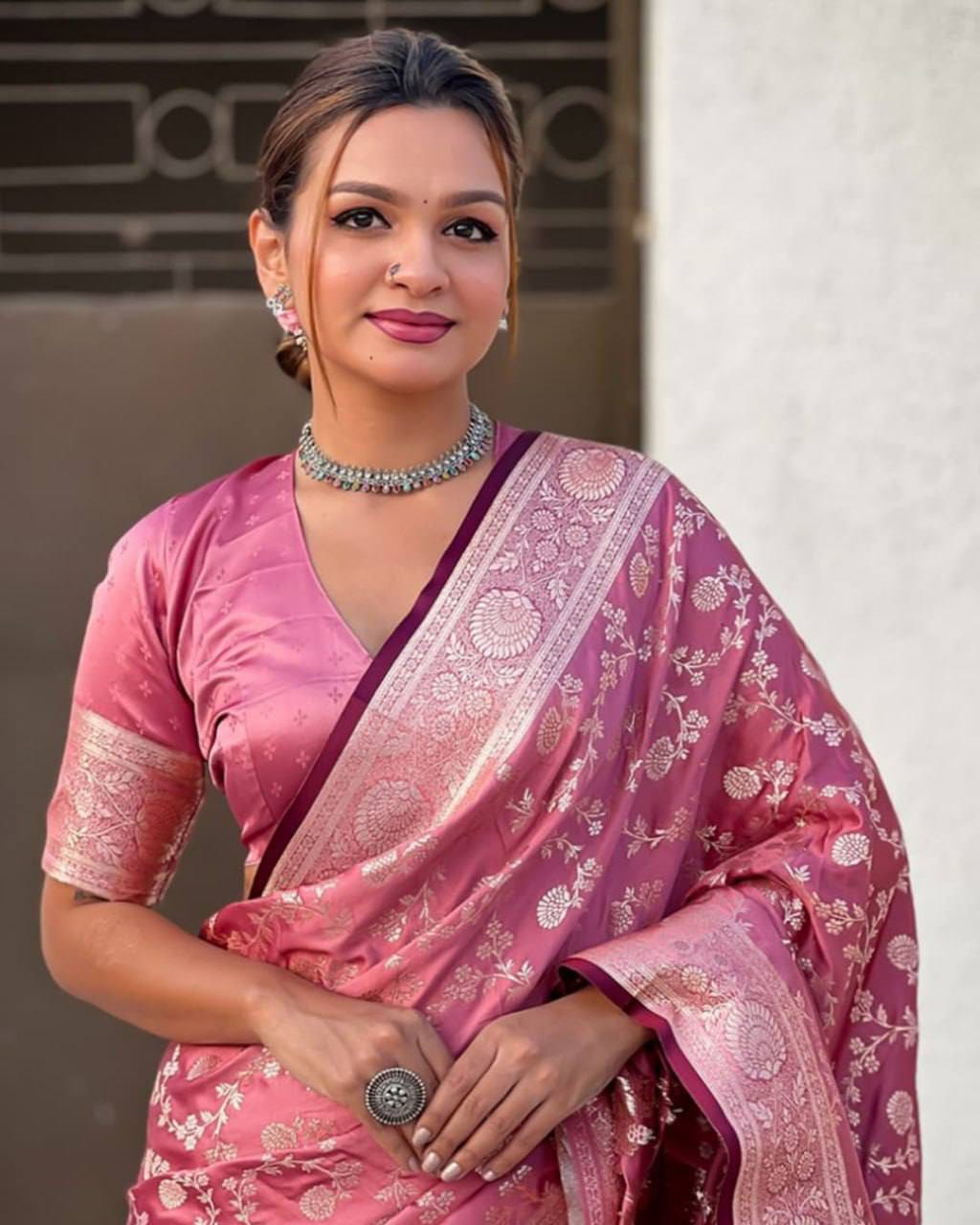 Pastel Floral Soft Lichi Silk Saree with Rich Woven Pallu & Silver Zari Border