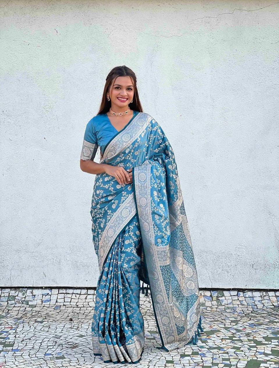 Pastel Floral Soft Lichi Silk Saree with Rich Woven Pallu & Silver Zari Border