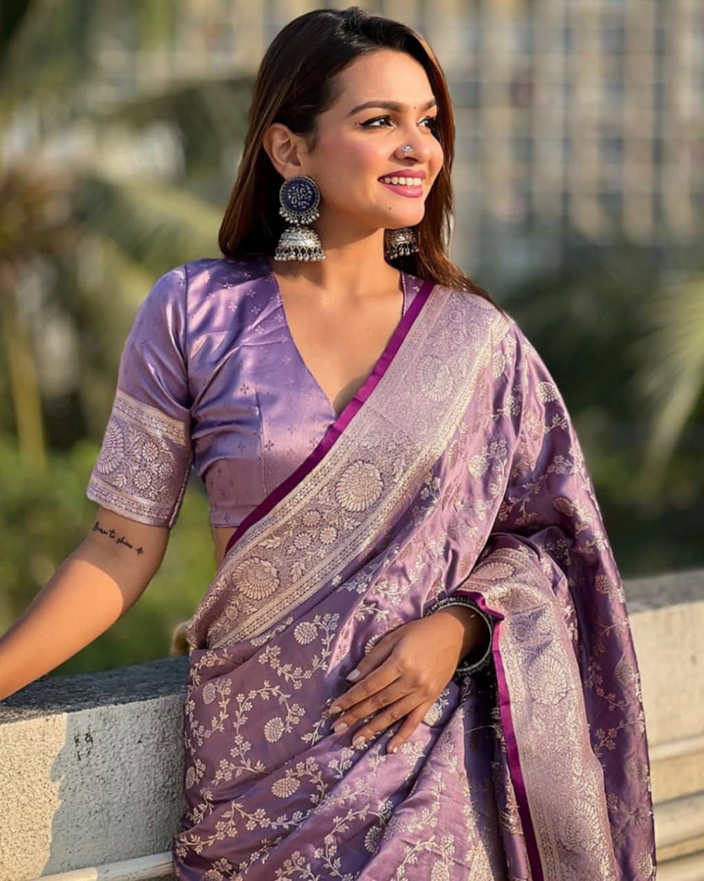 Pastel Floral Soft Lichi Silk Saree with Rich Woven Pallu & Silver Zari Border