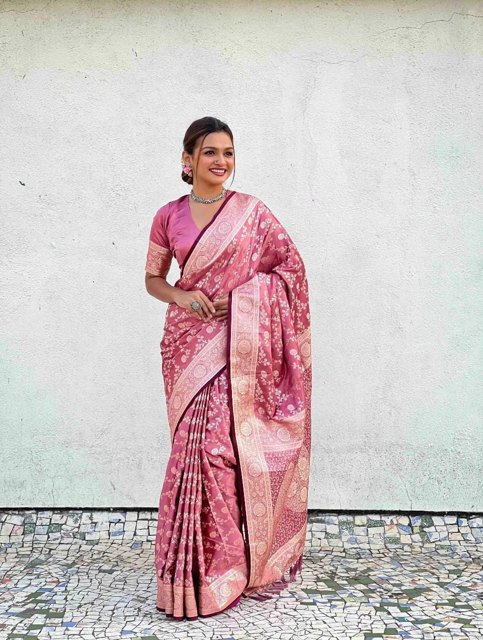 Pastel Floral Soft Lichi Silk Saree with Rich Woven Pallu & Silver Zari Border