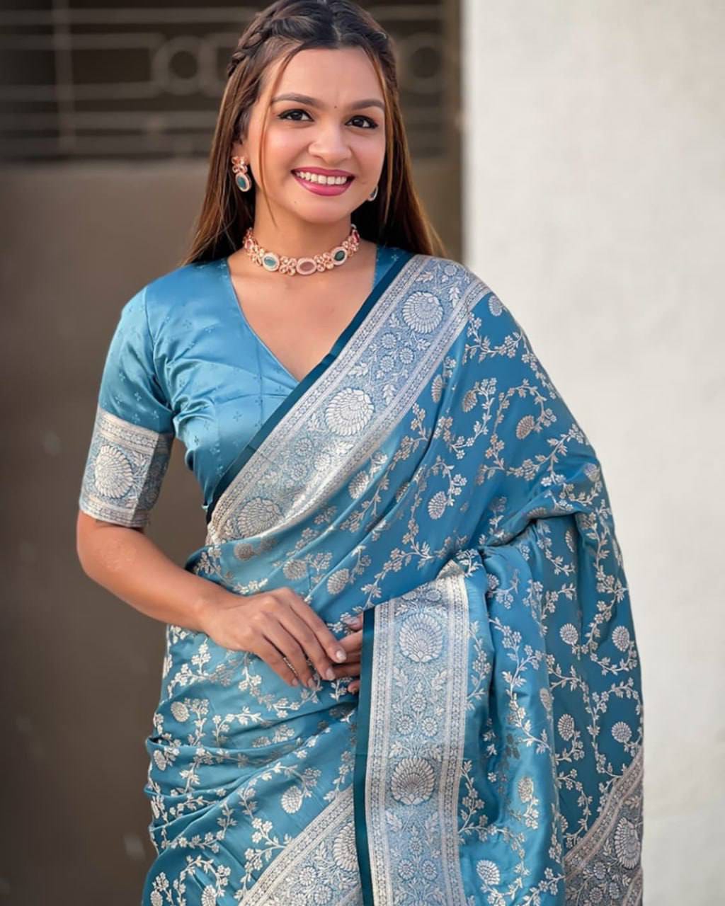 Pastel Floral Soft Lichi Silk Saree with Rich Woven Pallu & Silver Zari Border