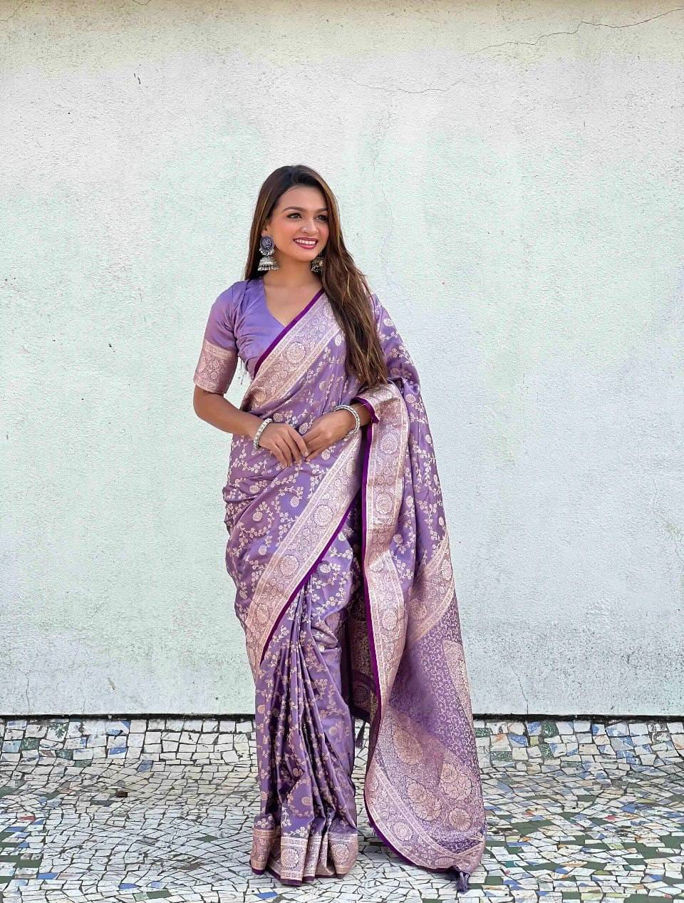 Pastel Floral Soft Lichi Silk Saree with Rich Woven Pallu & Silver Zari Border