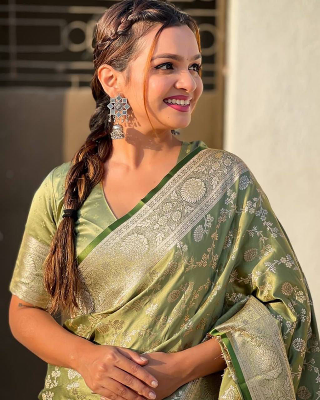 Pastel Floral Soft Lichi Silk Saree with Rich Woven Pallu & Silver Zari Border