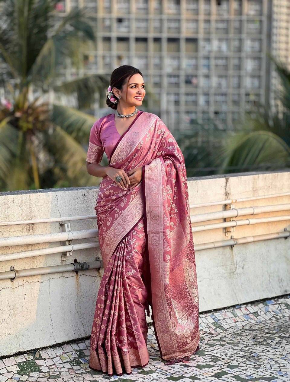 Pastel Floral Soft Lichi Silk Saree with Rich Woven Pallu & Silver Zari Border