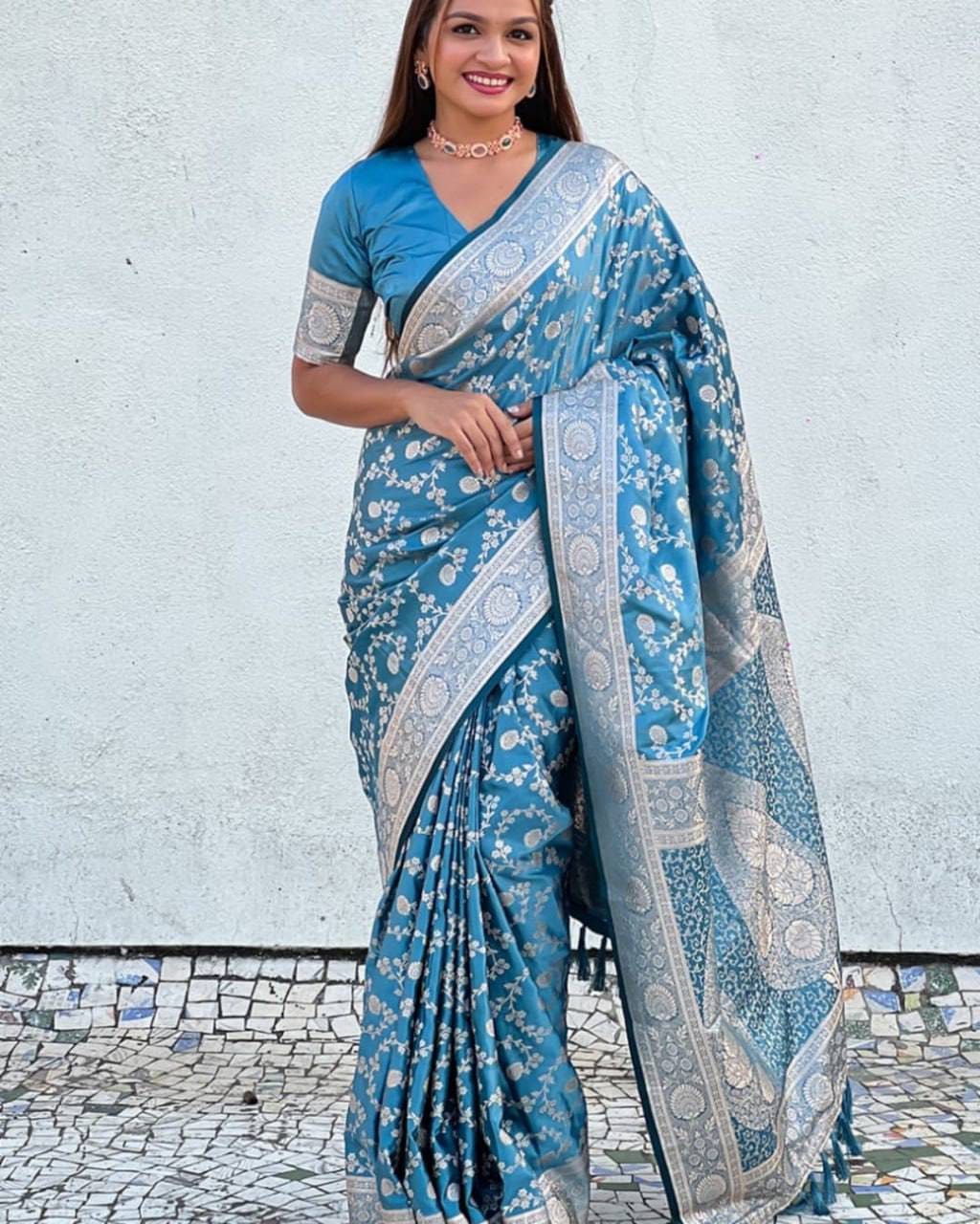 Pastel Floral Soft Lichi Silk Saree with Rich Woven Pallu & Silver Zari Border