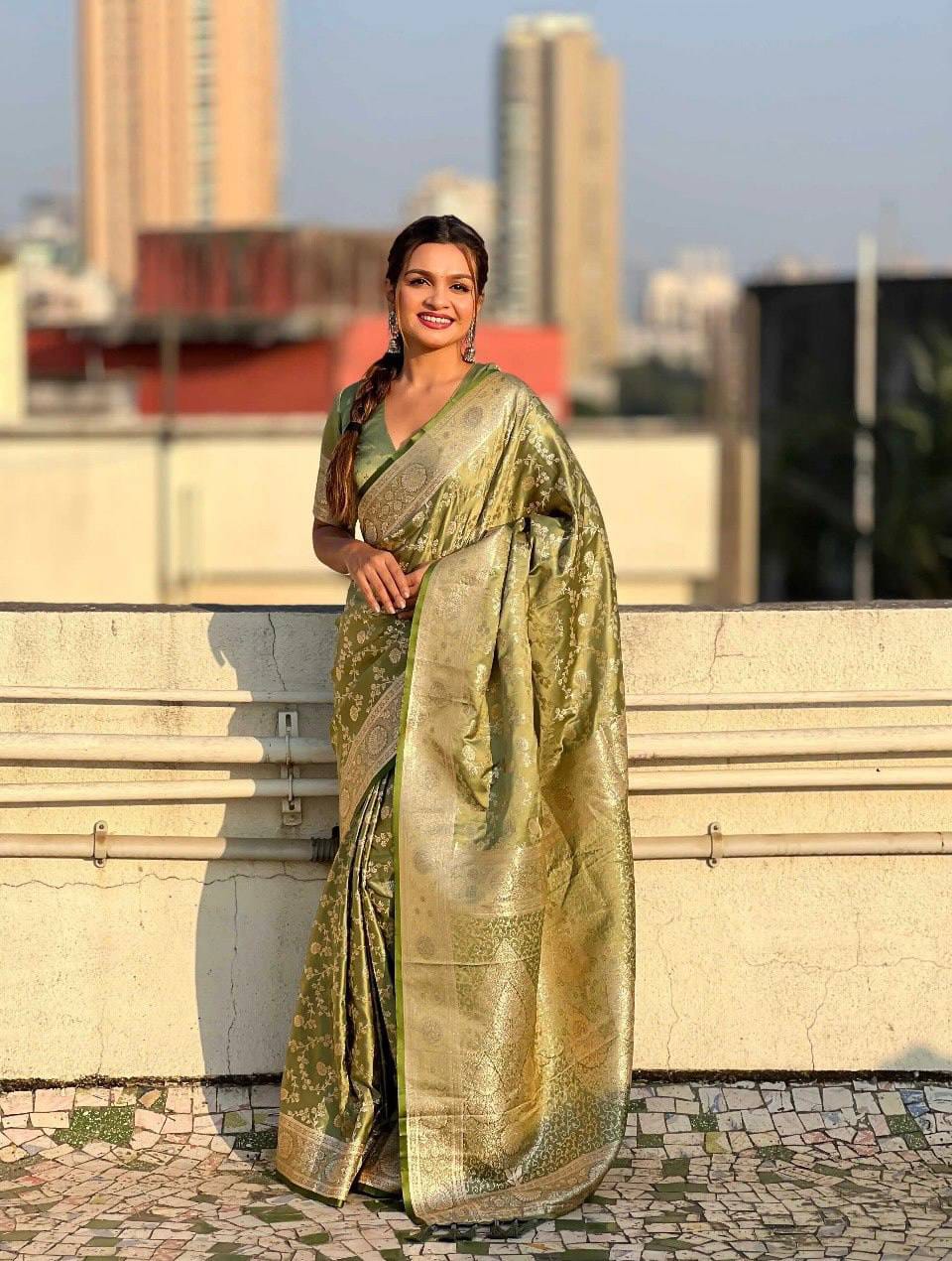 Pastel Floral Soft Lichi Silk Saree with Rich Woven Pallu & Silver Zari Border
