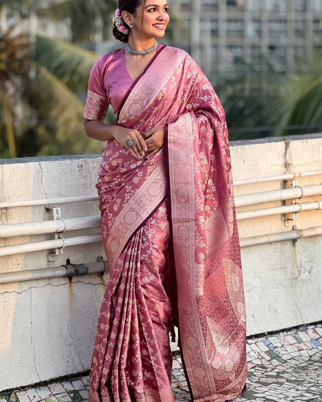 Pastel Floral Soft Lichi Silk Saree with Rich Woven Pallu & Silver Zari Border