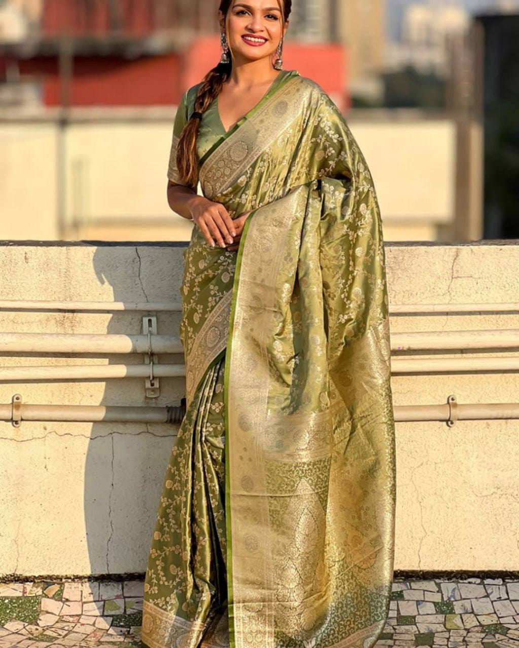 Pastel Floral Soft Lichi Silk Saree with Rich Woven Pallu & Silver Zari Border
