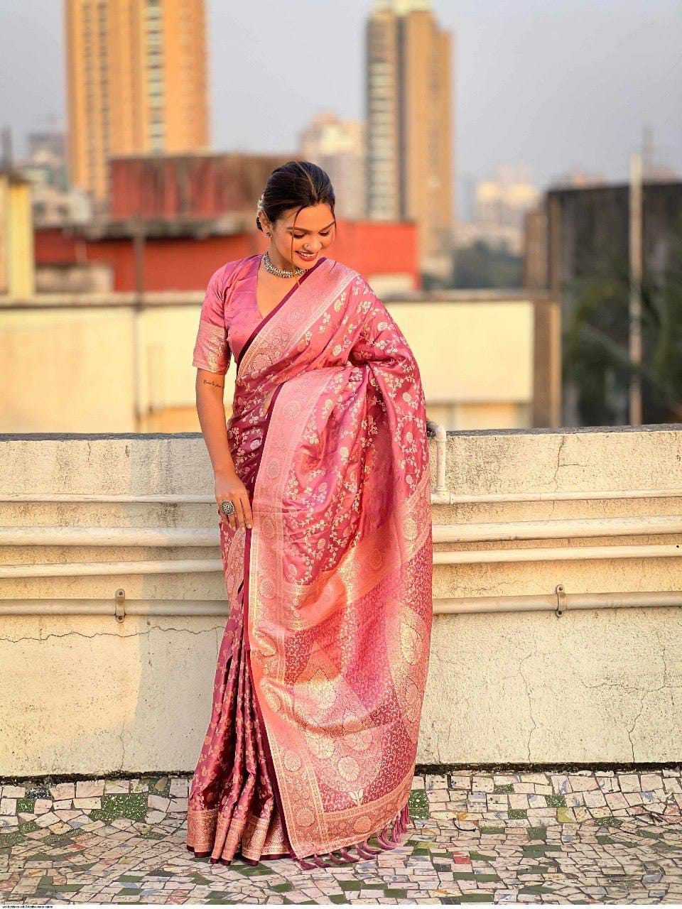 Pastel Floral Soft Lichi Silk Saree with Rich Woven Pallu & Silver Zari Border