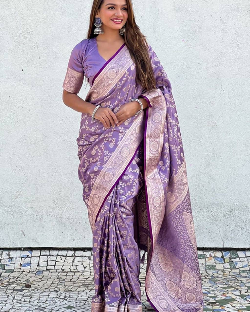 Pastel Floral Soft Lichi Silk Saree with Rich Woven Pallu & Silver Zari Border