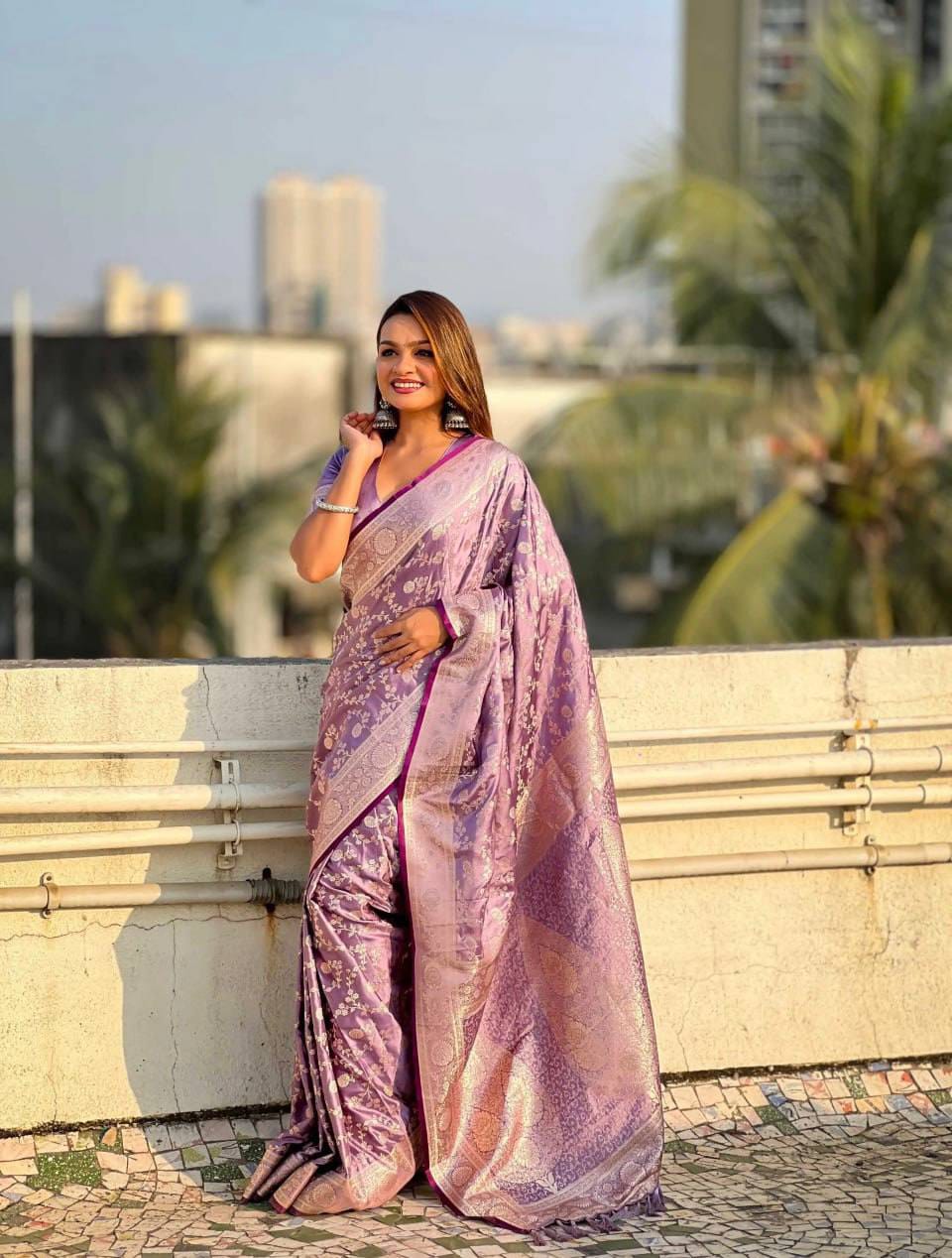 Pastel Floral Soft Lichi Silk Saree with Rich Woven Pallu & Silver Zari Border