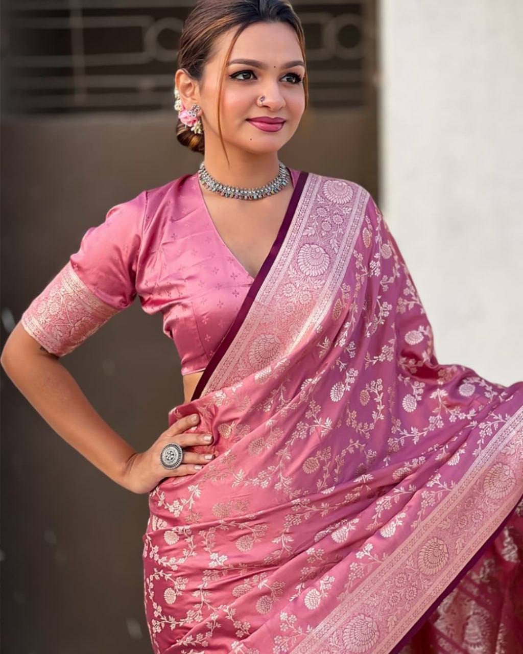 Pastel Floral Soft Lichi Silk Saree with Rich Woven Pallu & Silver Zari Border
