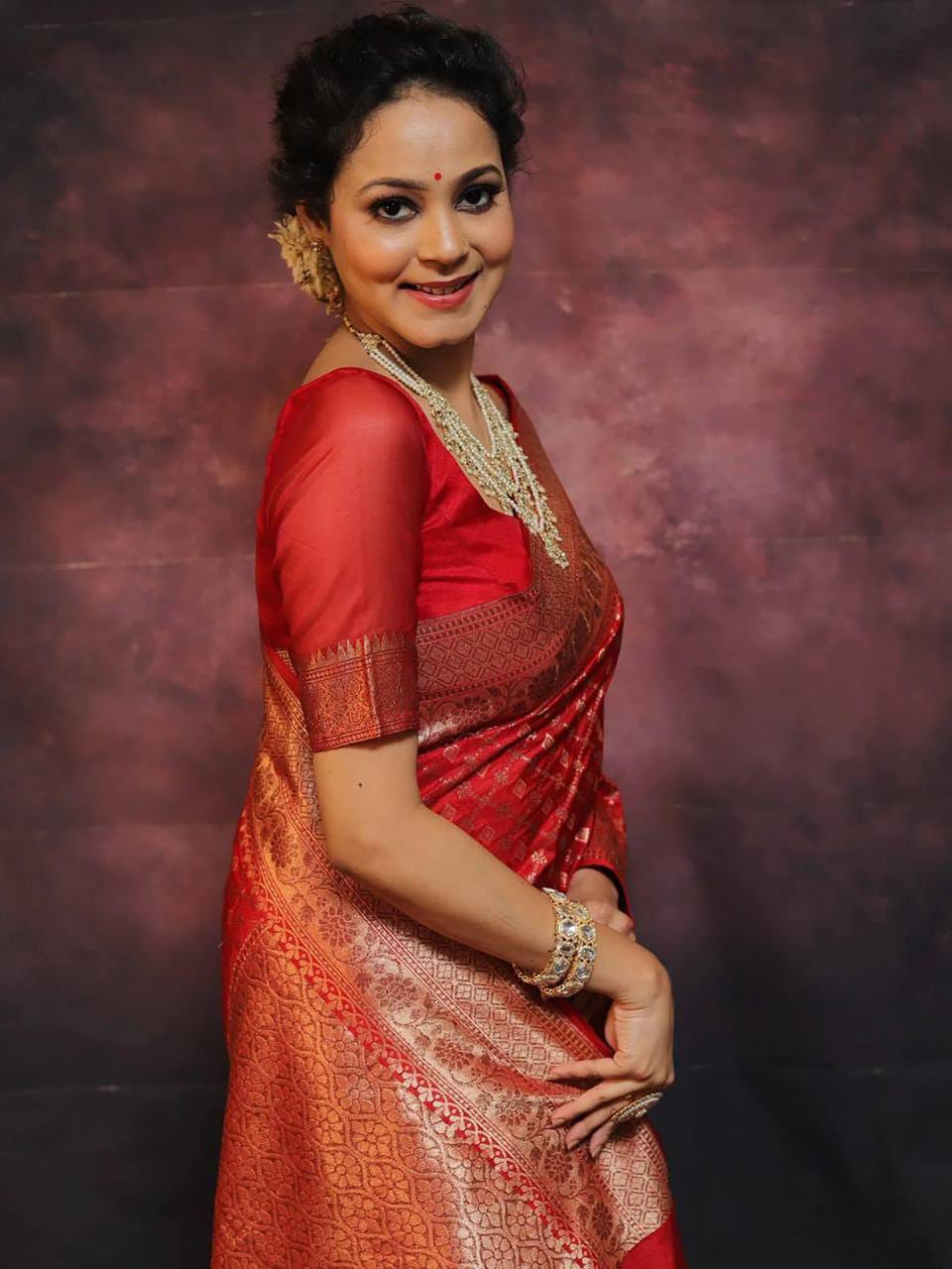Bridal Crimson Red Soft Lichi Silk Saree with Geometric Bandhani Jaal & Rich Zari Jacquard Pallu