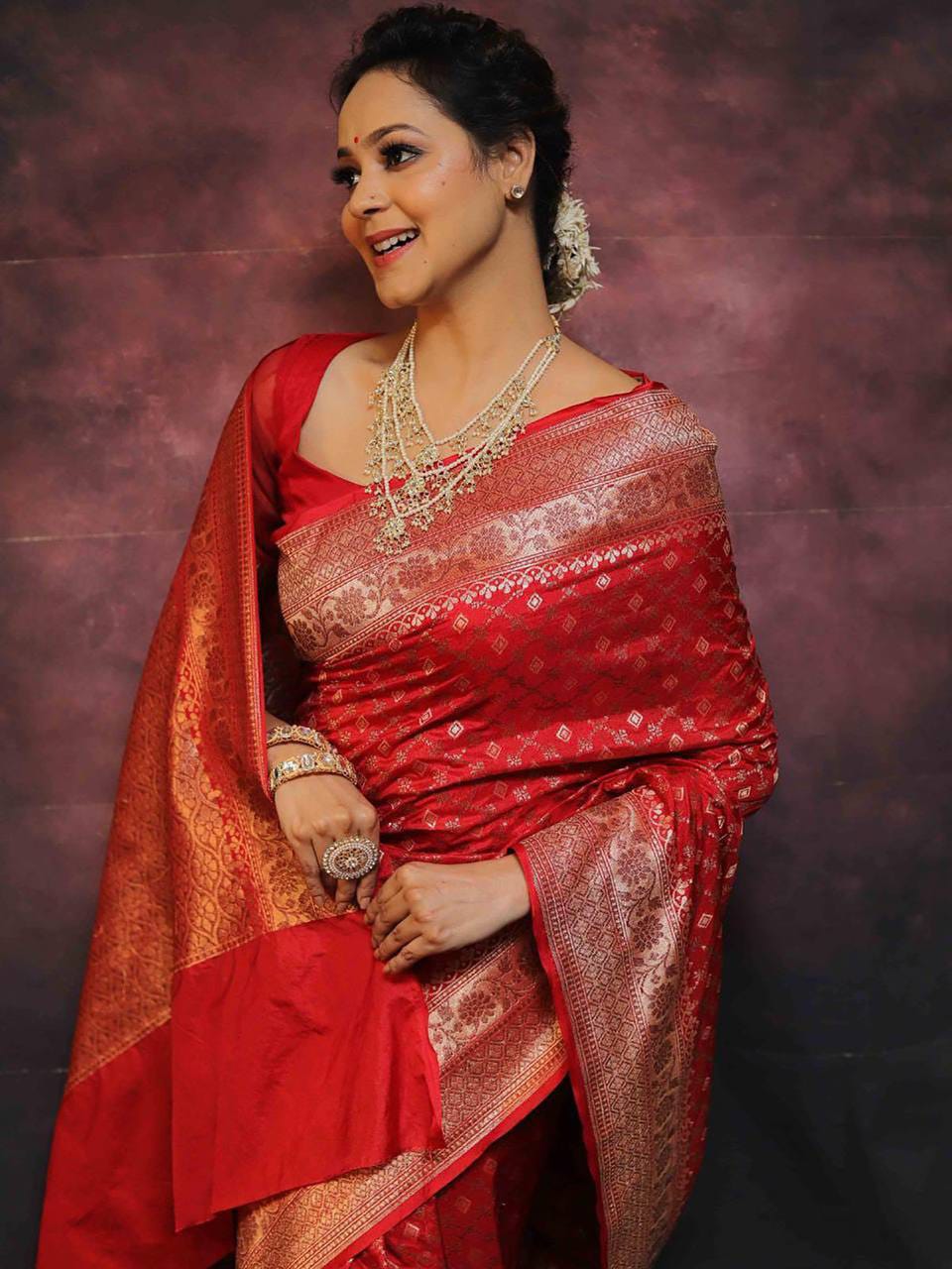 Bridal Crimson Red Soft Lichi Silk Saree with Geometric Bandhani Jaal & Rich Zari Jacquard Pallu