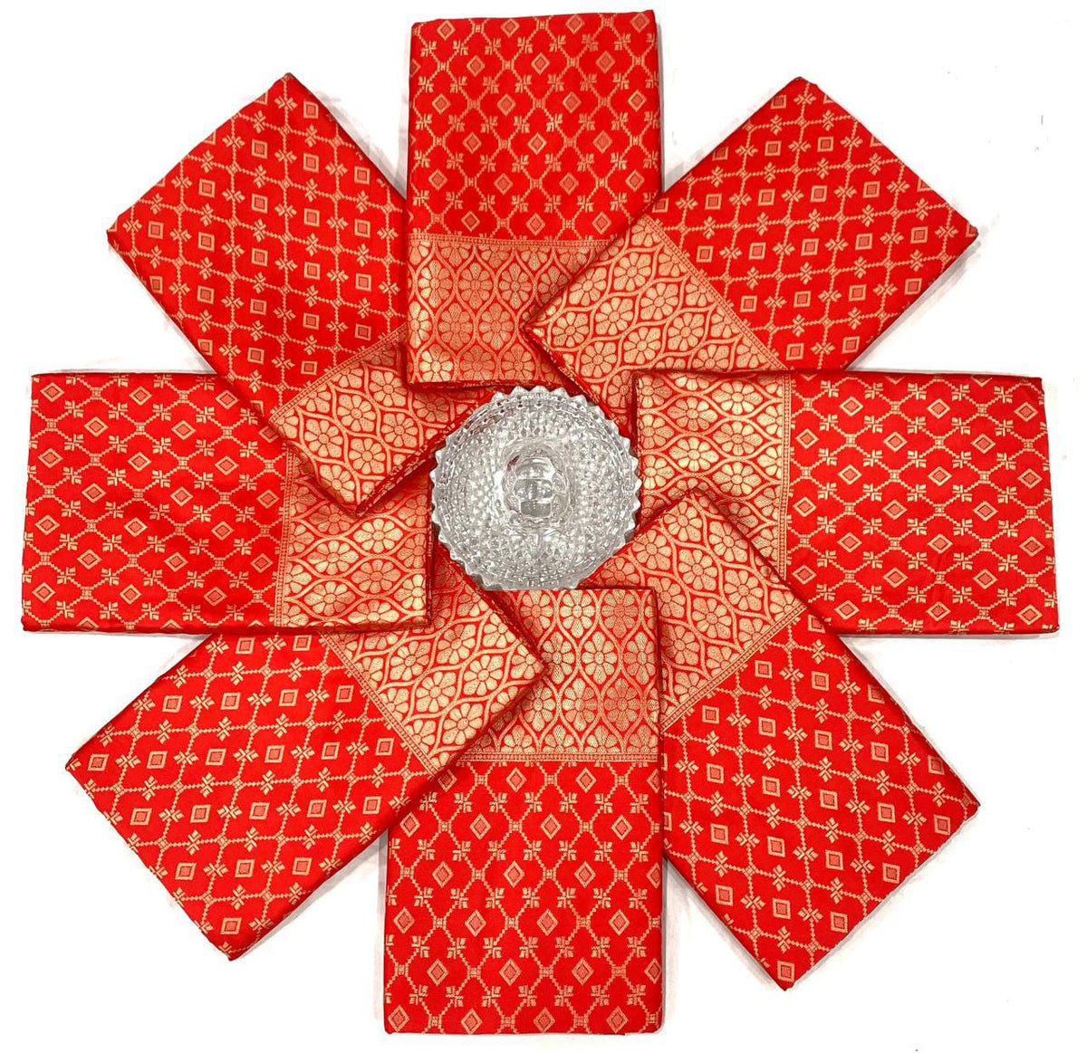 Bridal Crimson Red Soft Lichi Silk Saree with Geometric Bandhani Jaal & Rich Zari Jacquard Pallu