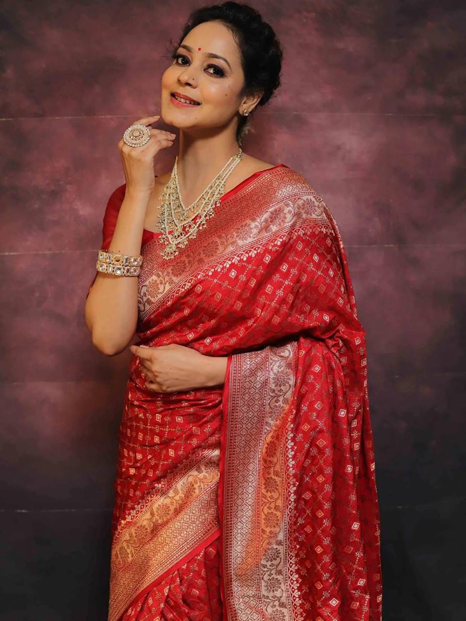 Bridal Crimson Red Soft Lichi Silk Saree with Geometric Bandhani Jaal & Rich Zari Jacquard Pallu
