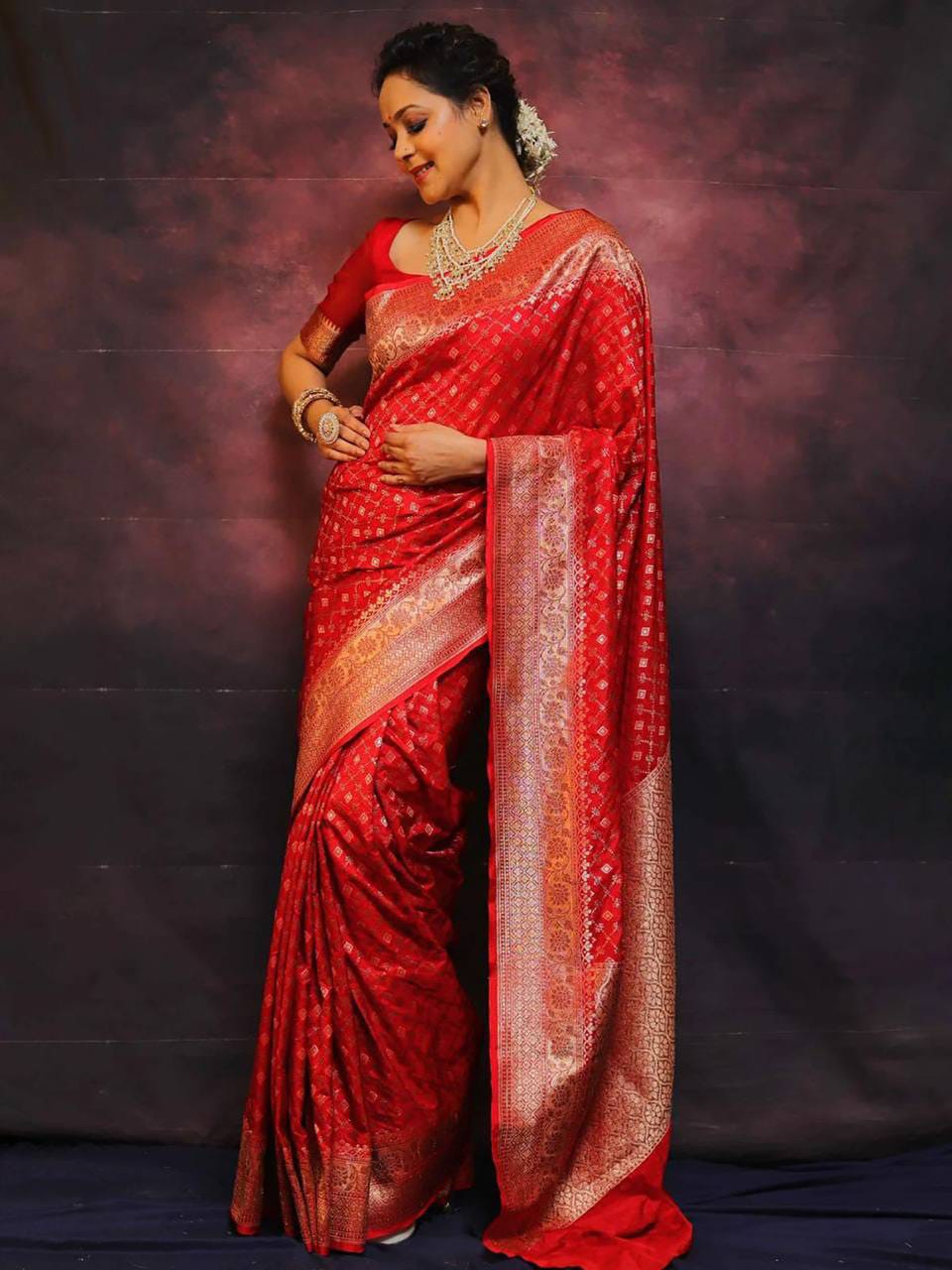 Bridal Crimson Red Soft Lichi Silk Saree with Geometric Bandhani Jaal & Rich Zari Jacquard Pallu