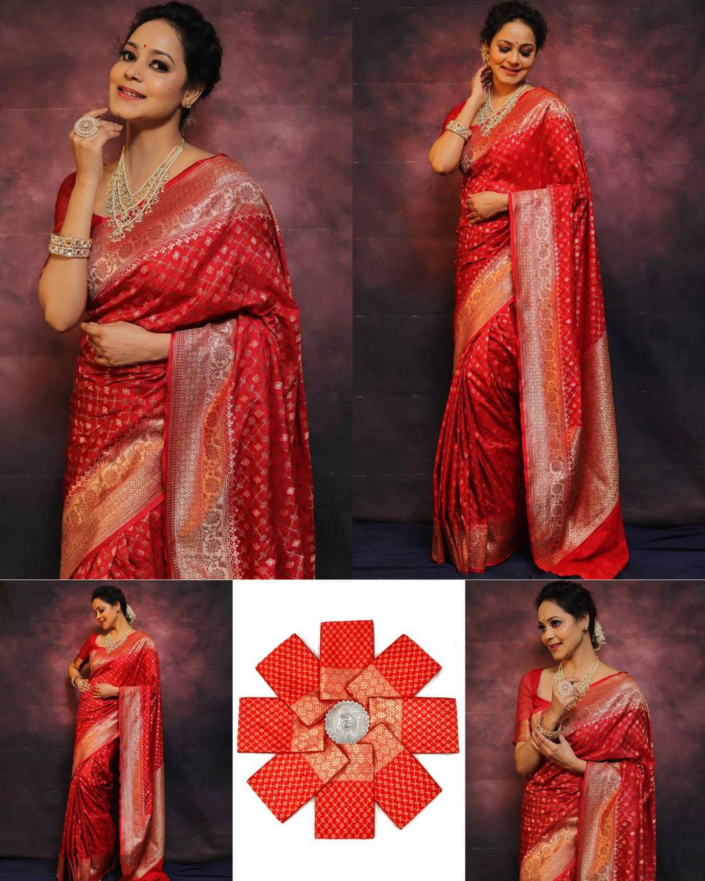 Bridal Crimson Red Soft Lichi Silk Saree with Geometric Bandhani Jaal & Rich Zari Jacquard Pallu