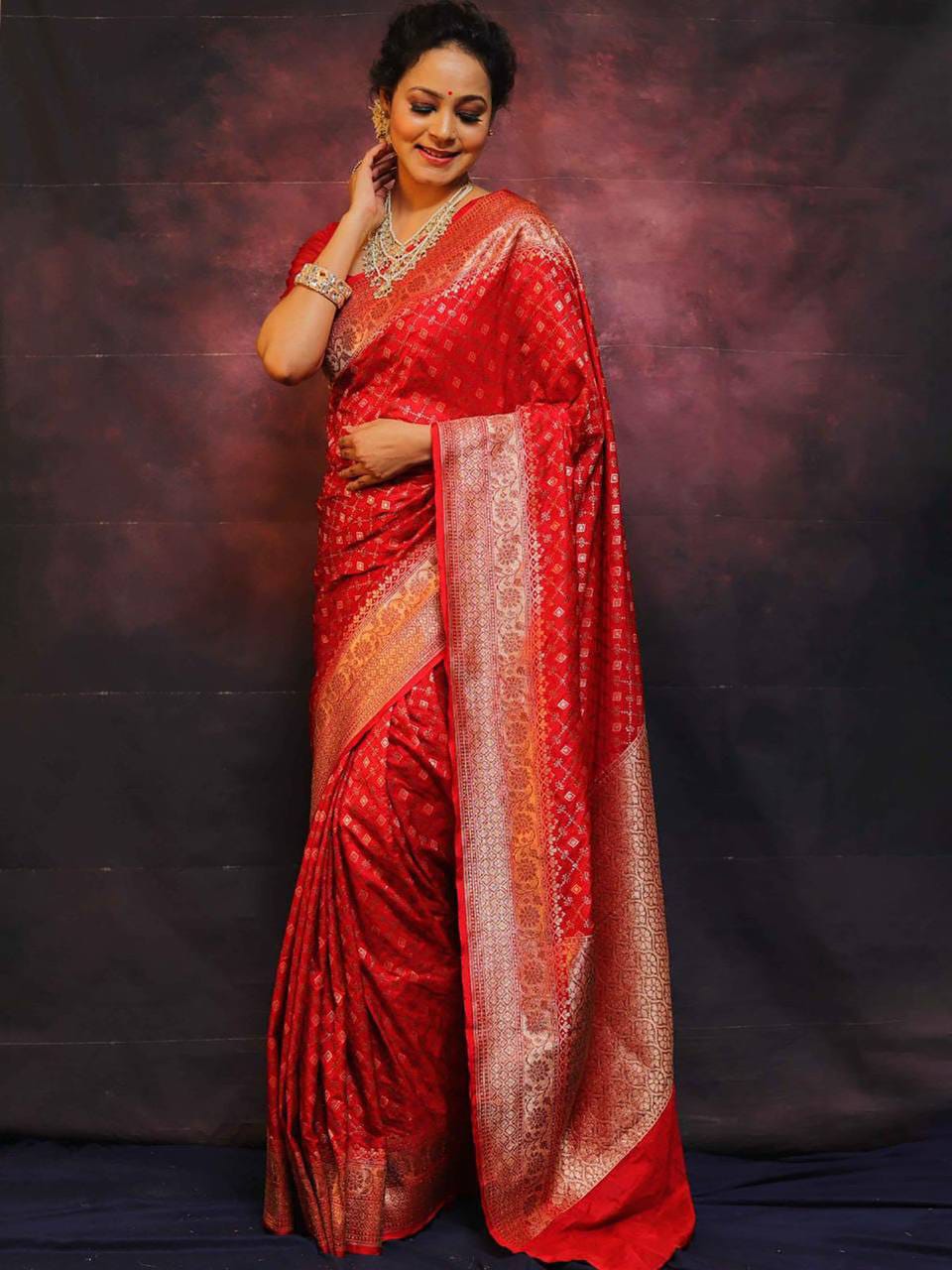 Bridal Crimson Red Soft Lichi Silk Saree with Geometric Bandhani Jaal & Rich Zari Jacquard Pallu