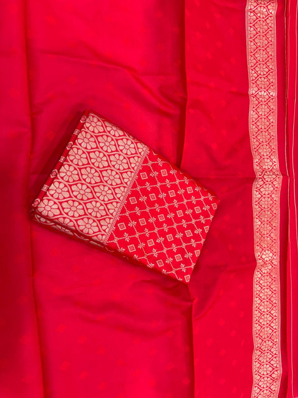 Bridal Crimson Red Soft Lichi Silk Saree with Geometric Bandhani Jaal & Rich Zari Jacquard Pallu