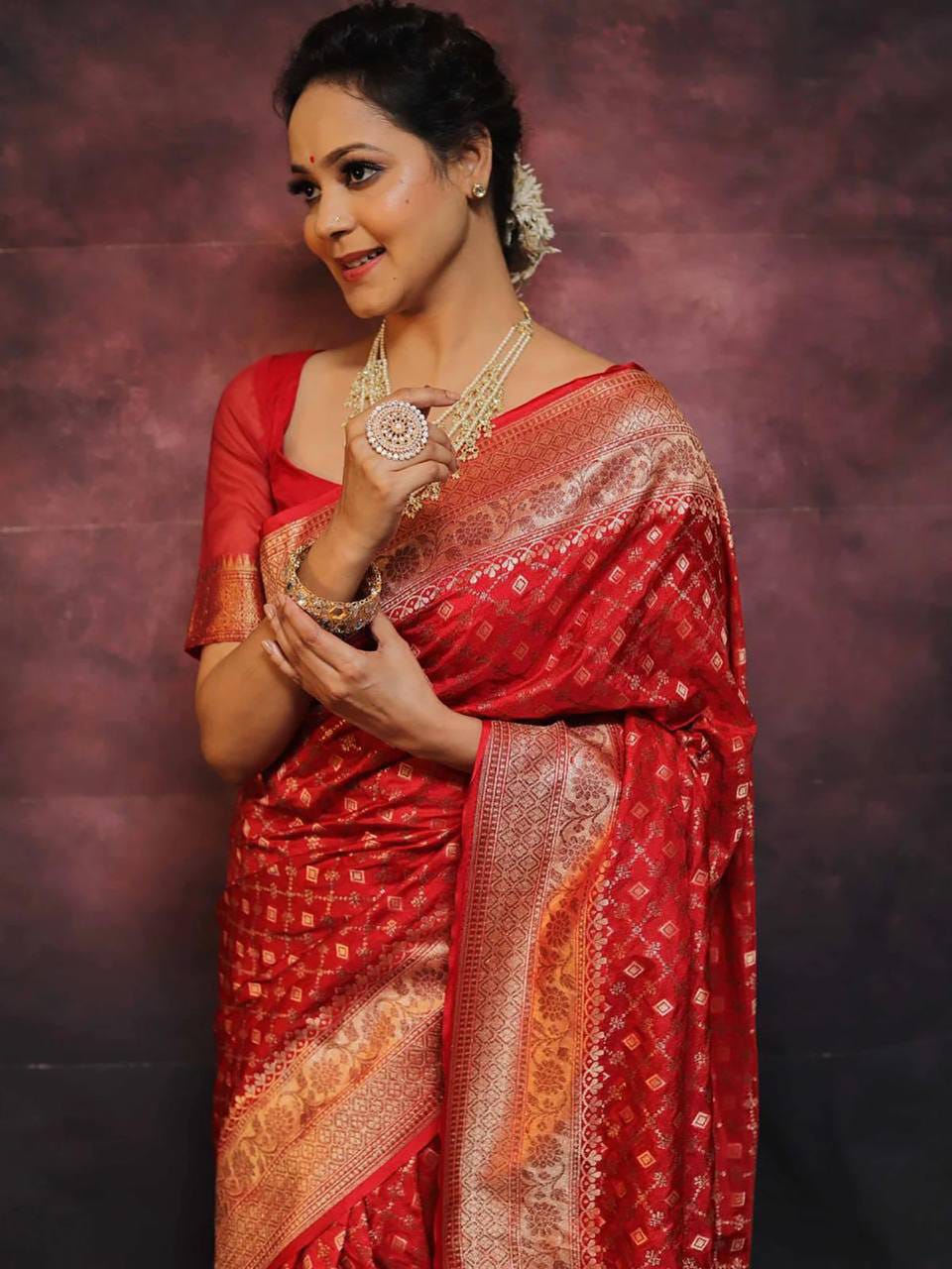 Bridal Crimson Red Soft Lichi Silk Saree with Geometric Bandhani Jaal & Rich Zari Jacquard Pallu