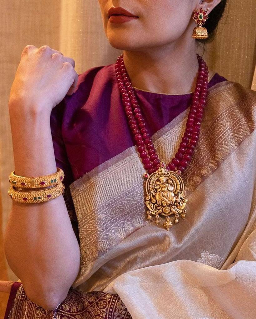 Pure Gold Zari Soft Lichi Silk Saree in Cream with Royal Wine Contrast Border & Rich Pallu