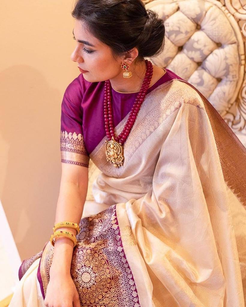 Pure Gold Zari Soft Lichi Silk Saree in Cream with Royal Wine Contrast Border & Rich Pallu