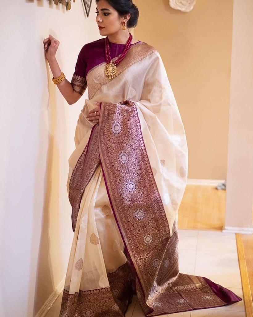 Pure Gold Zari Soft Lichi Silk Saree in Cream with Royal Wine Contrast Border & Rich Pallu