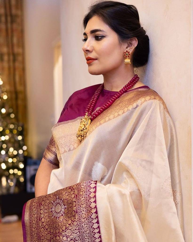 Pure Gold Zari Soft Lichi Silk Saree in Cream with Royal Wine Contrast Border & Rich Pallu