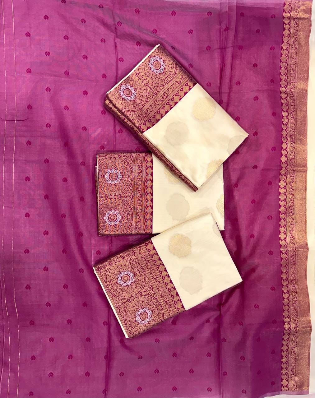Pure Gold Zari Soft Lichi Silk Saree in Cream with Royal Wine Contrast Border & Rich Pallu