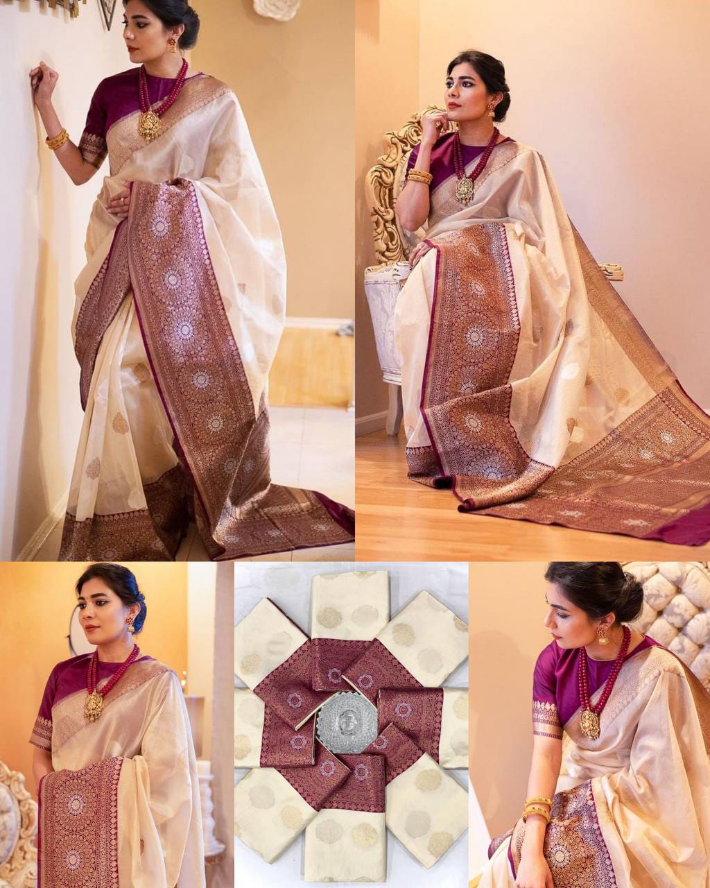 Pure Gold Zari Soft Lichi Silk Saree in Cream with Royal Wine Contrast Border & Rich Pallu