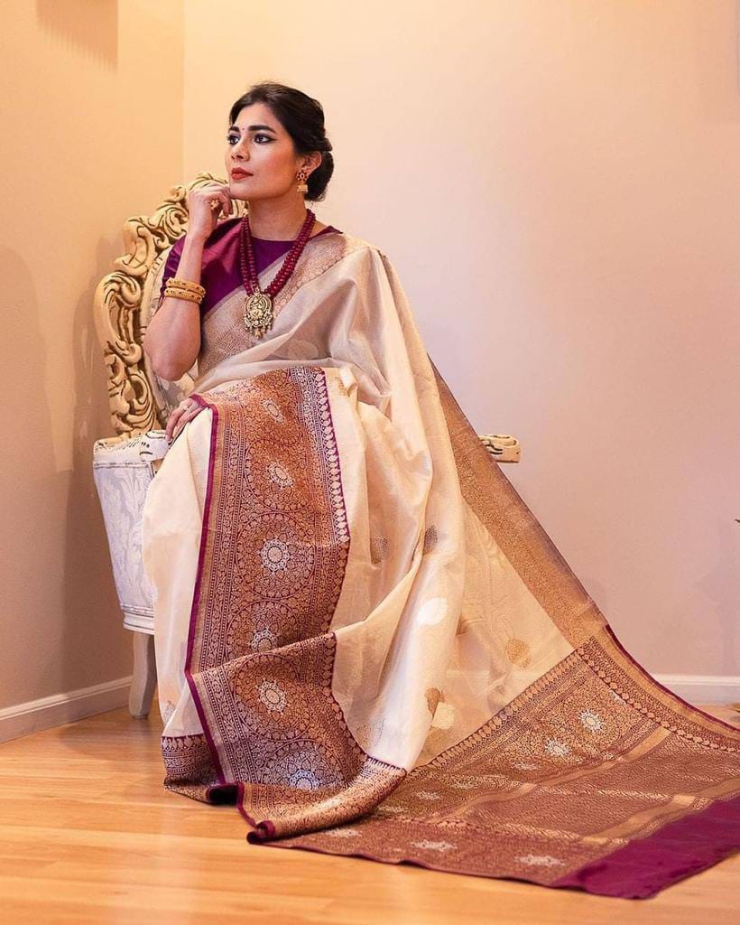 Pure Gold Zari Soft Lichi Silk Saree in Cream with Royal Wine Contrast Border & Rich Pallu