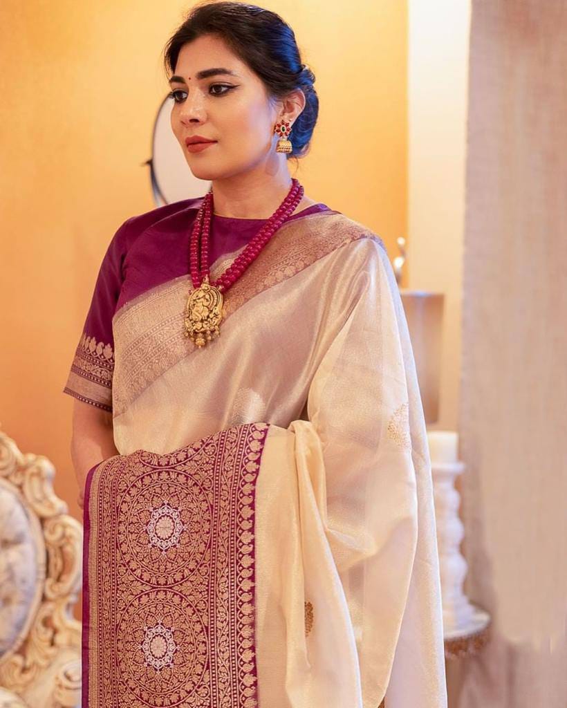Pure Gold Zari Soft Lichi Silk Saree in Cream with Royal Wine Contrast Border & Rich Pallu