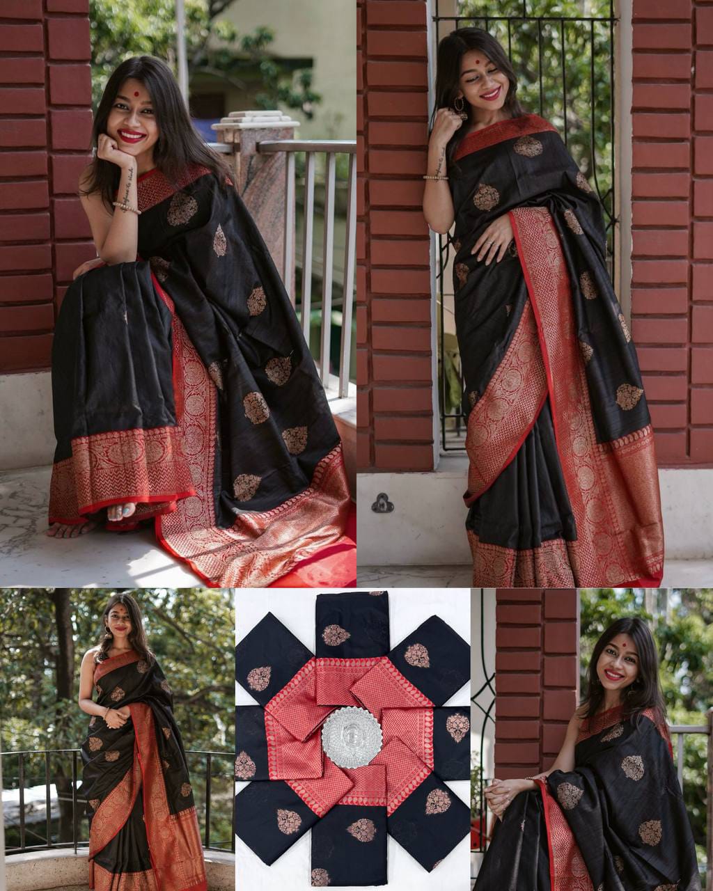 Royal Black Soft Lichi Silk Saree with Maroon Red Contrast Zari Border & Rich Jacquard Pallu