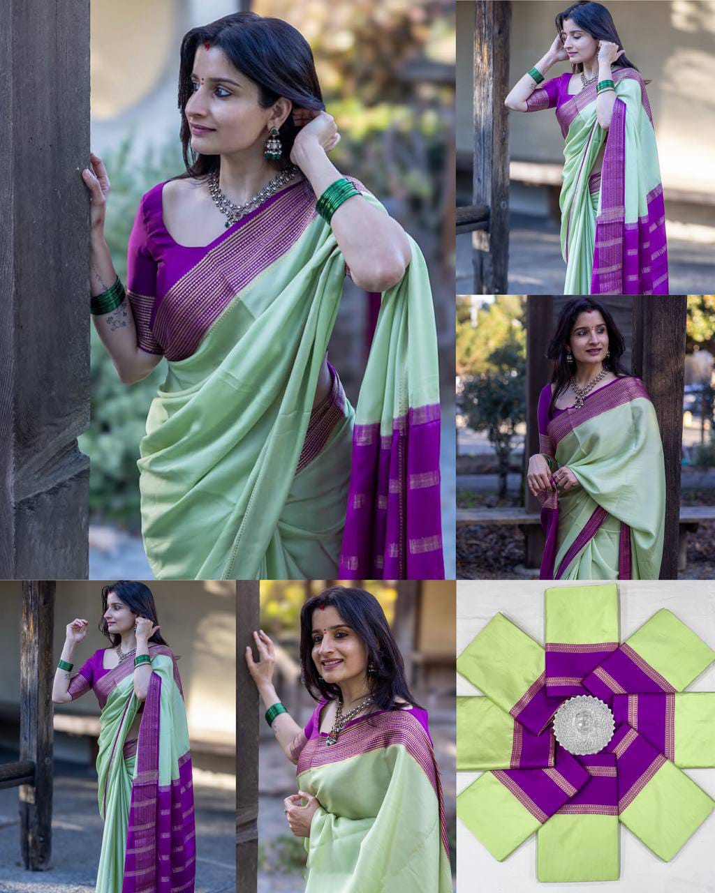 Pista Green Soft Lichi Silk Saree with Purple Contrast Zari Border & Rich Jacquard Pallu